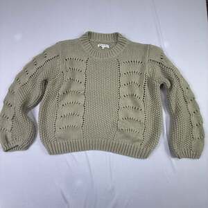 Woven Heart Sage Green Chunky Pointelle Knit Crewneck Sweater Size L
